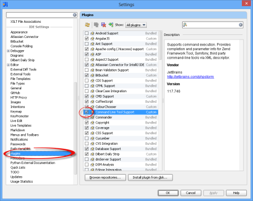 Screenshot of ‘Plugins’ with checked ‘Command Line Tool Support’