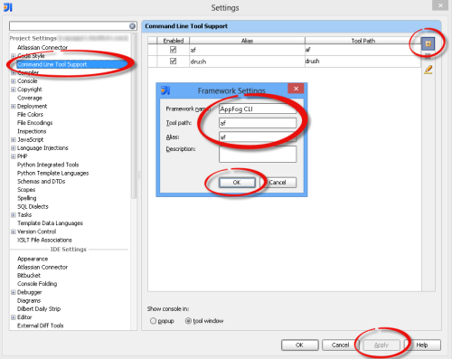 Screenshot of ‘Framework Settings’ with name ‘AppFog CLI’, tool path ‘af’ and alias ‘af’