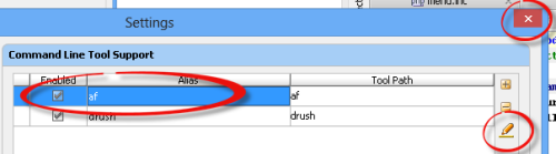 Screenshot of the ‘Settings’ dialog with highlighted ‘pencil’ (edit) icon and highlighted ‘Close’ button