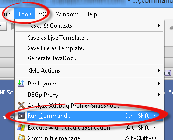 Screenshot of expanded ‘Tools’ menu with menu item ‘Run Command…’ highlighted