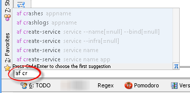 Screenshot of ‘Run Command…’ box with ‘af’ entered and autocomplete items appearing