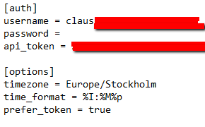 Screenshot of a text editor with the file ‘~/.togglrc’ opened and the sections ‘auth’ and ‘options’ visible